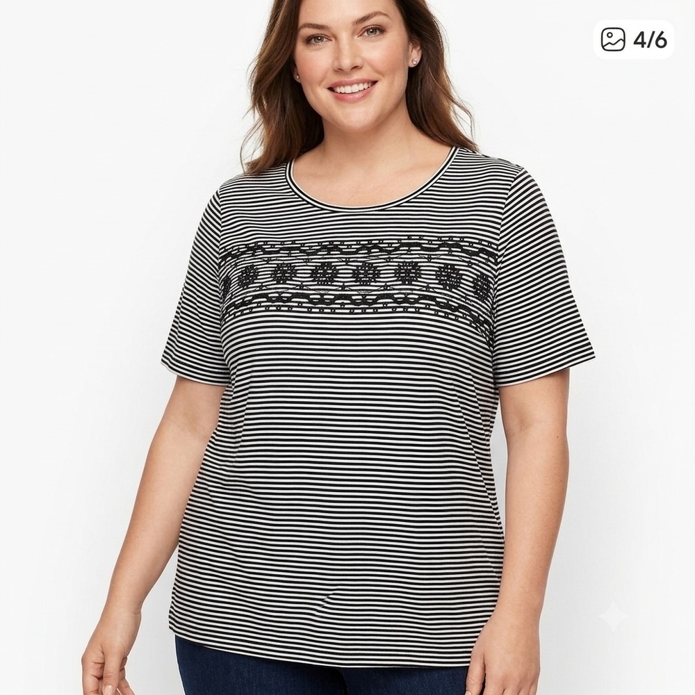 Talbots Black-and-White Striped Scoop Neck Tee with Embroidered Yoke